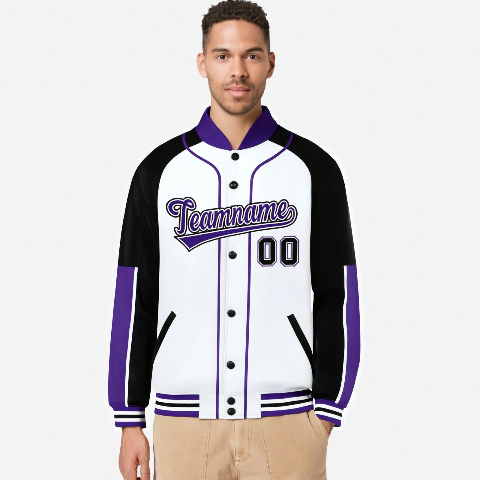 Custom White Black-Purple Varsity Full-Snap Color Block Letterman Jacket