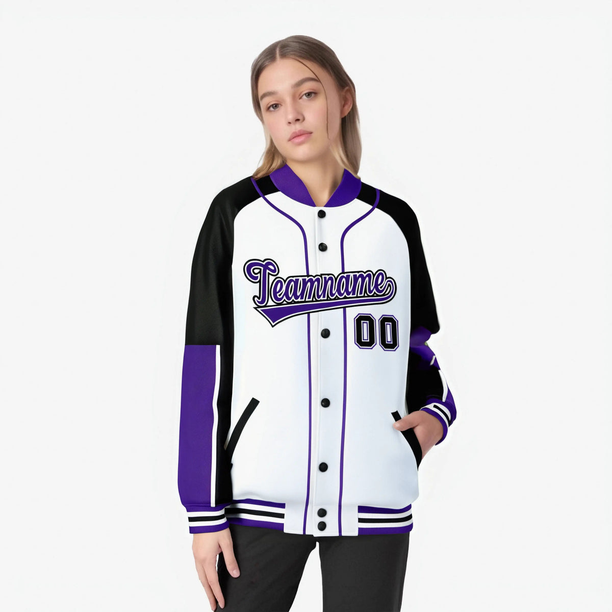Custom White Black-Purple Varsity Full-Snap Color Block Letterman Jacket