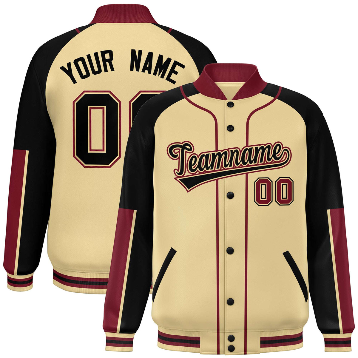 Custom Khaki Black-Crimson Varsity Full-Snap Color Block Letterman Jacket