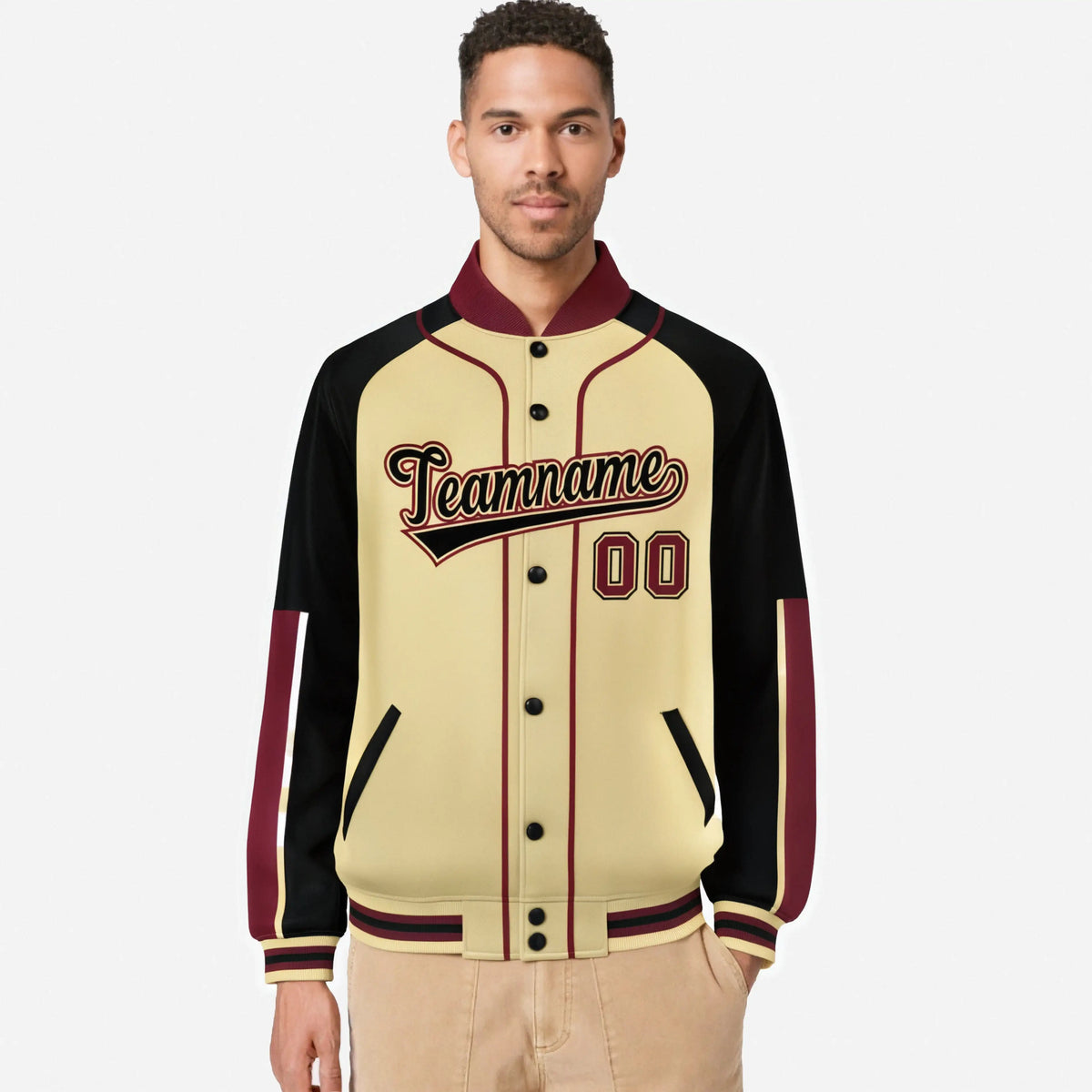 Custom Khaki Black-Crimson Varsity Full-Snap Color Block Letterman Jacket
