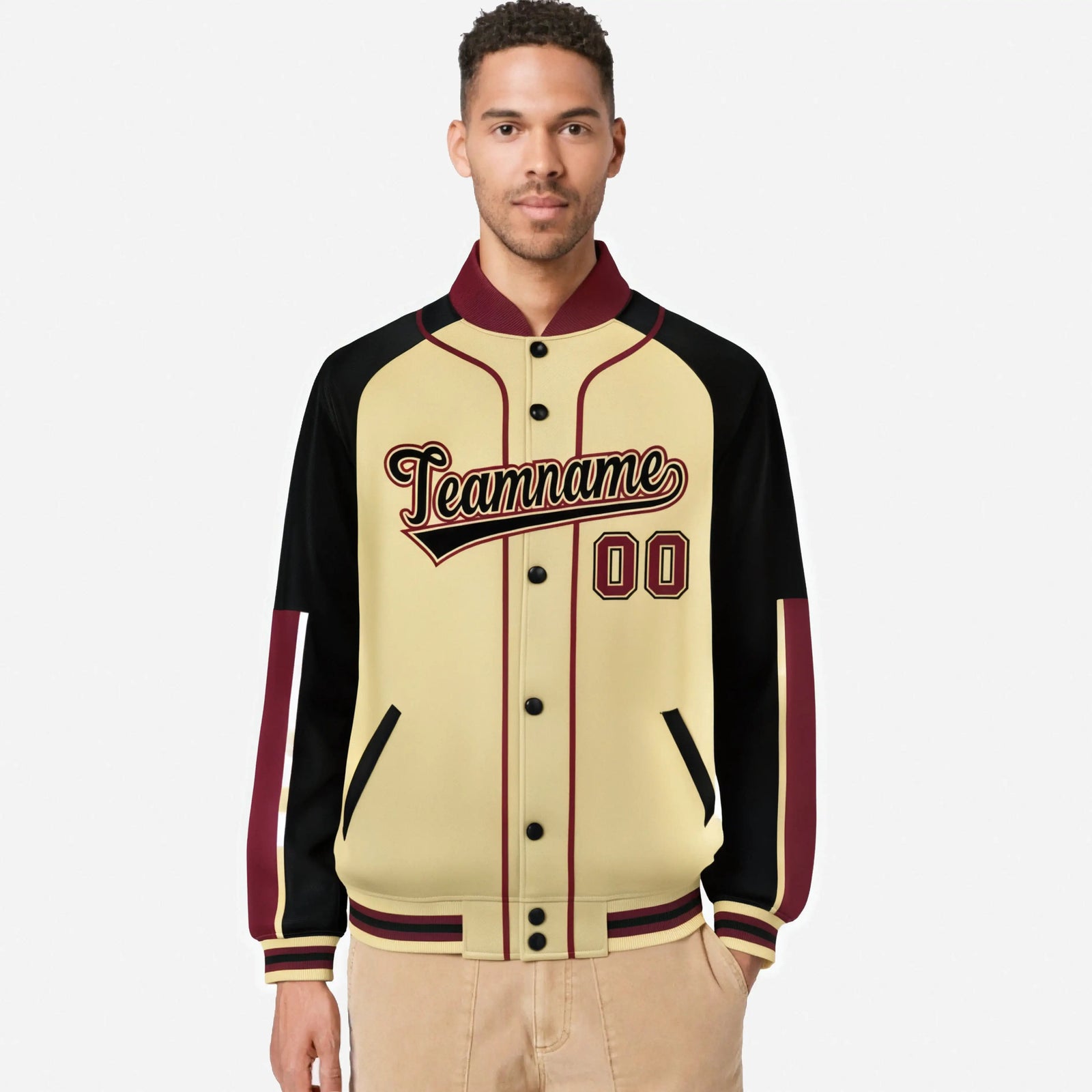 Custom Khaki Black-Crimson Varsity Full-Snap Color Block Letterman Jacket