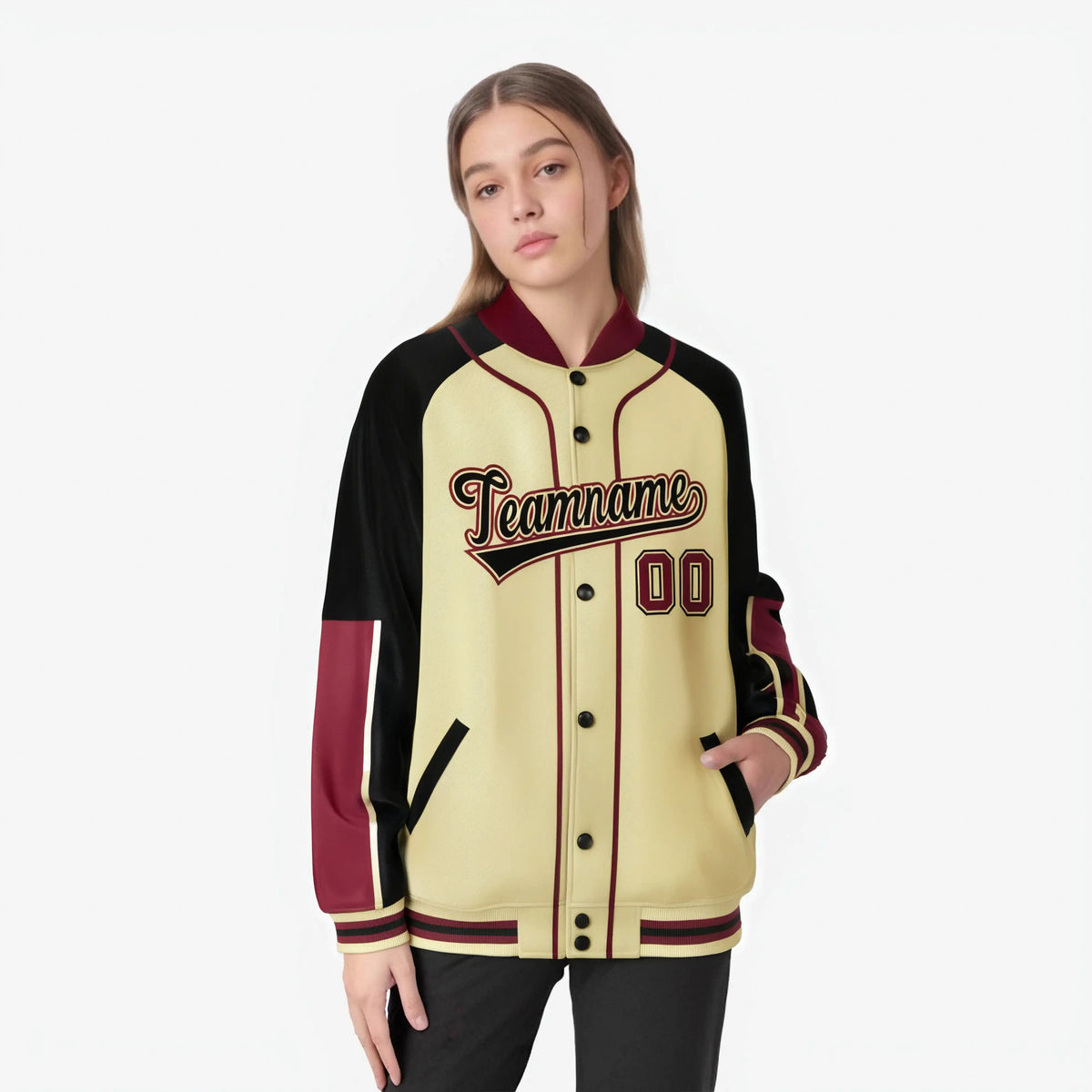 Custom Khaki Black-Crimson Varsity Full-Snap Color Block Letterman Jacket