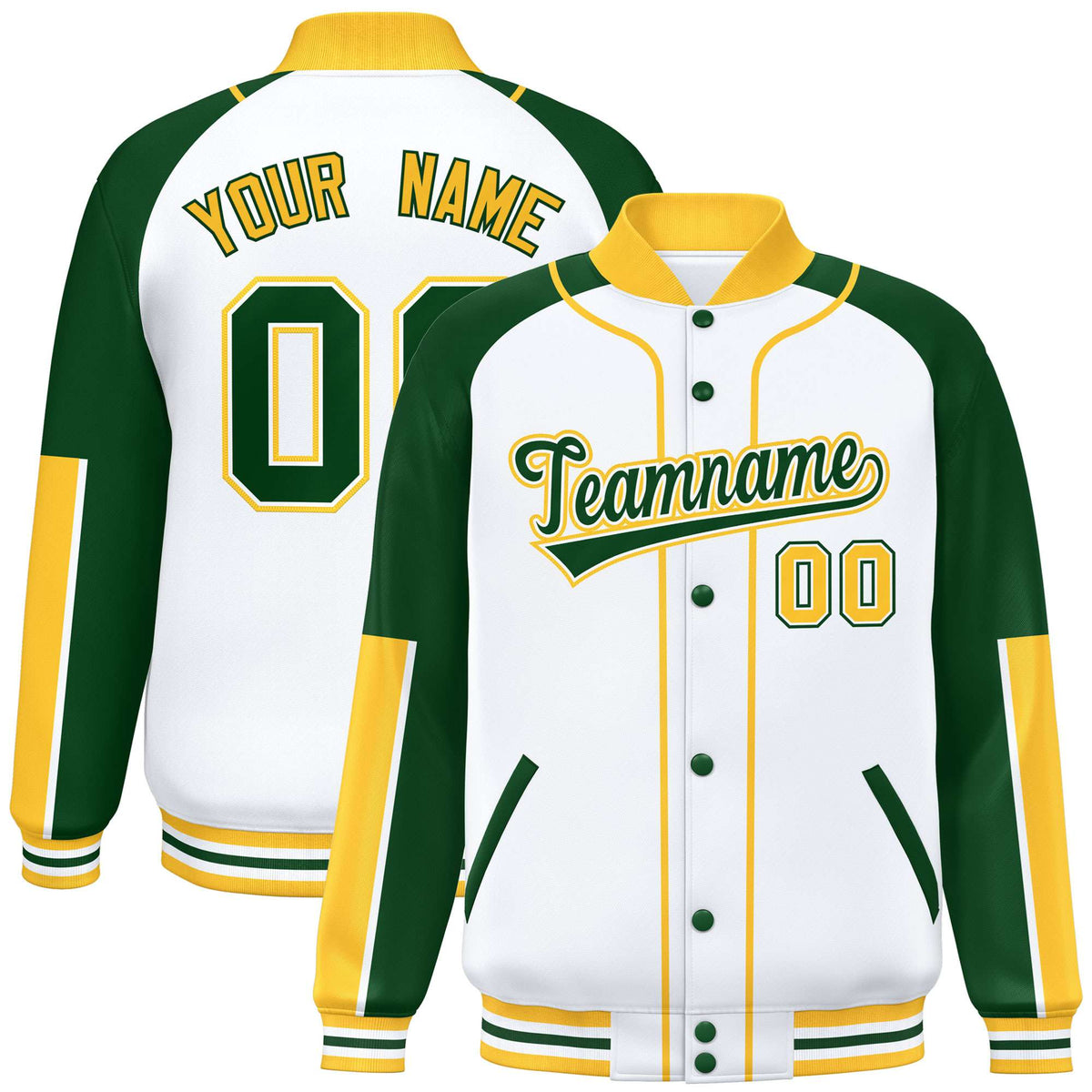 Custom White Green-Gold Varsity Full-Snap Color Block Letterman Jacket