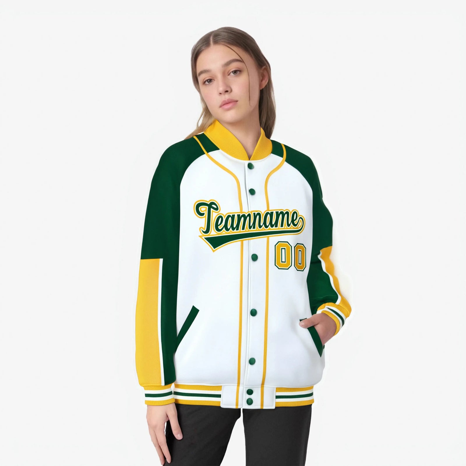 Custom White Green-Gold Varsity Full-Snap Color Block Letterman Jacket