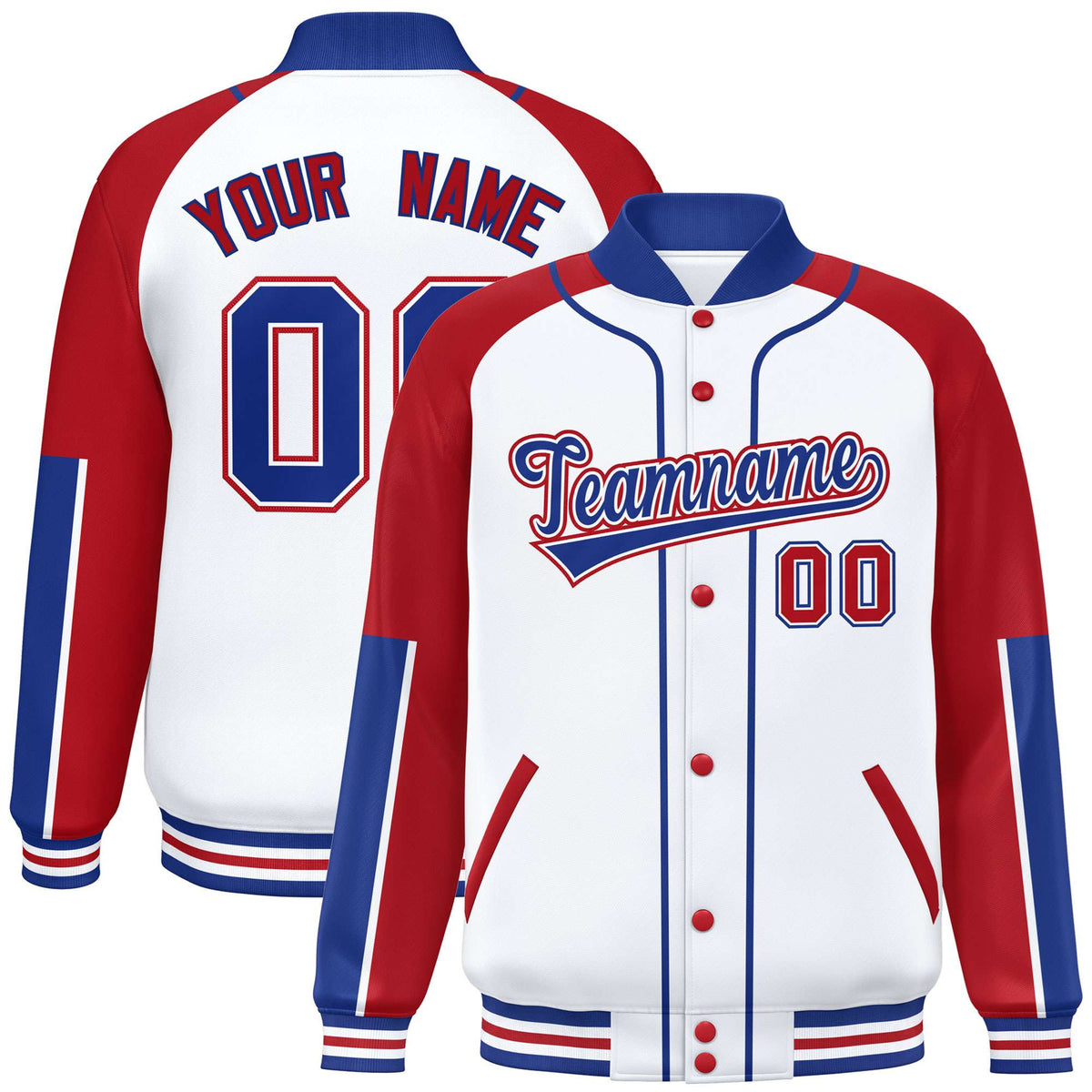 Custom White Red-Royal Blue Varsity Full-Snap Color Block Letterman Jacket