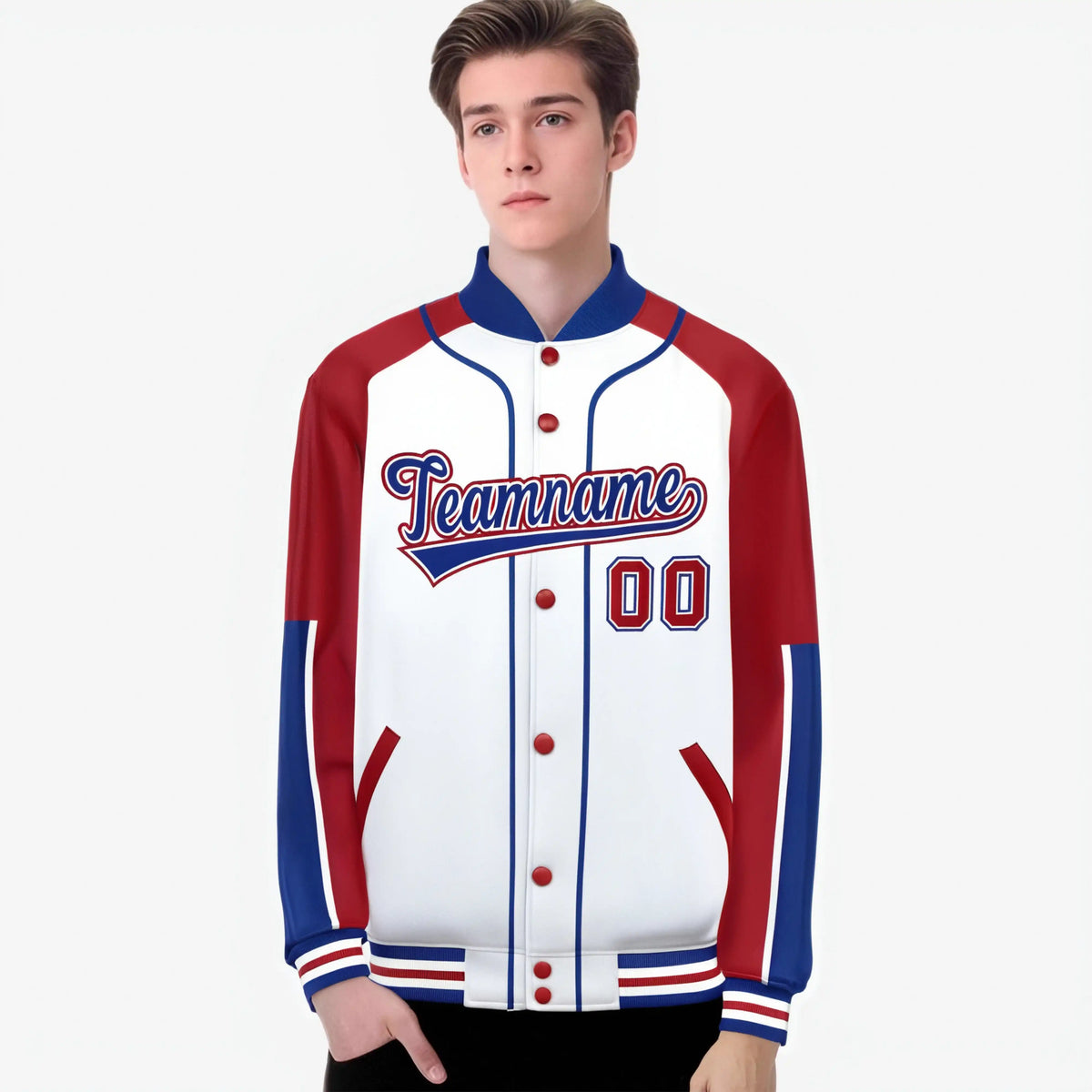 Custom White Red-Royal Blue Varsity Full-Snap Color Block Letterman Jacket