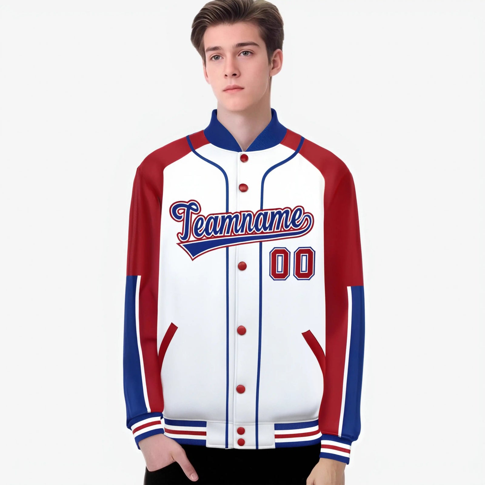 Custom White Red-Royal Blue Varsity Full-Snap Color Block Letterman Jacket