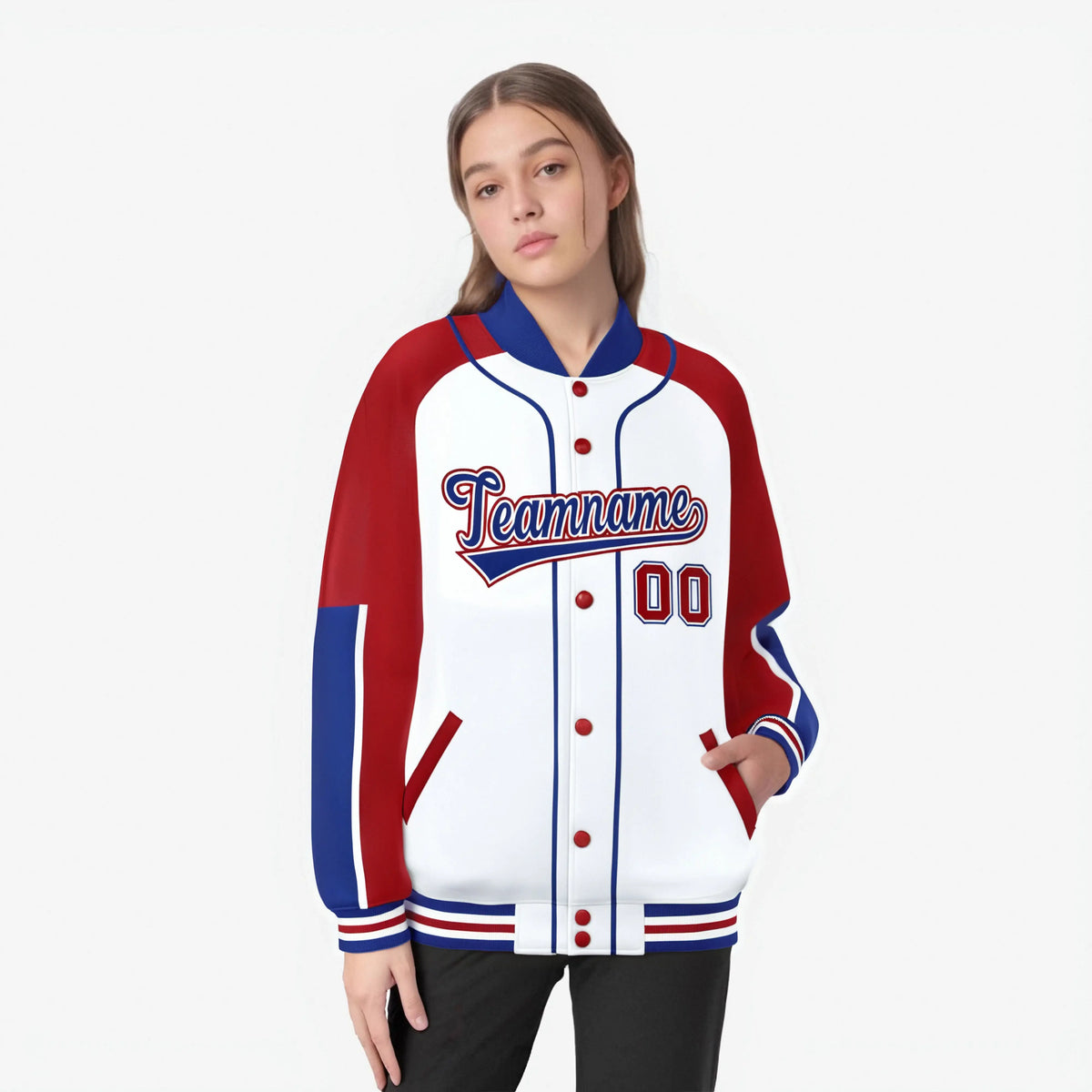 Custom White Red-Royal Blue Varsity Full-Snap Color Block Letterman Jacket