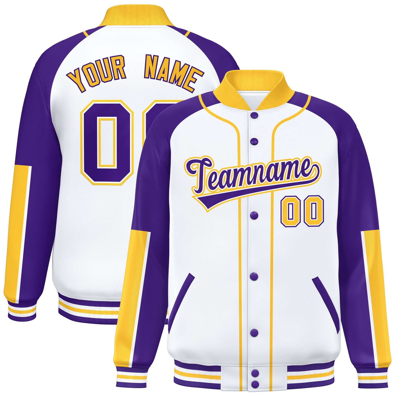 Custom White Purple-Gold Varsity Full-Snap Color Block Letterman Jacket