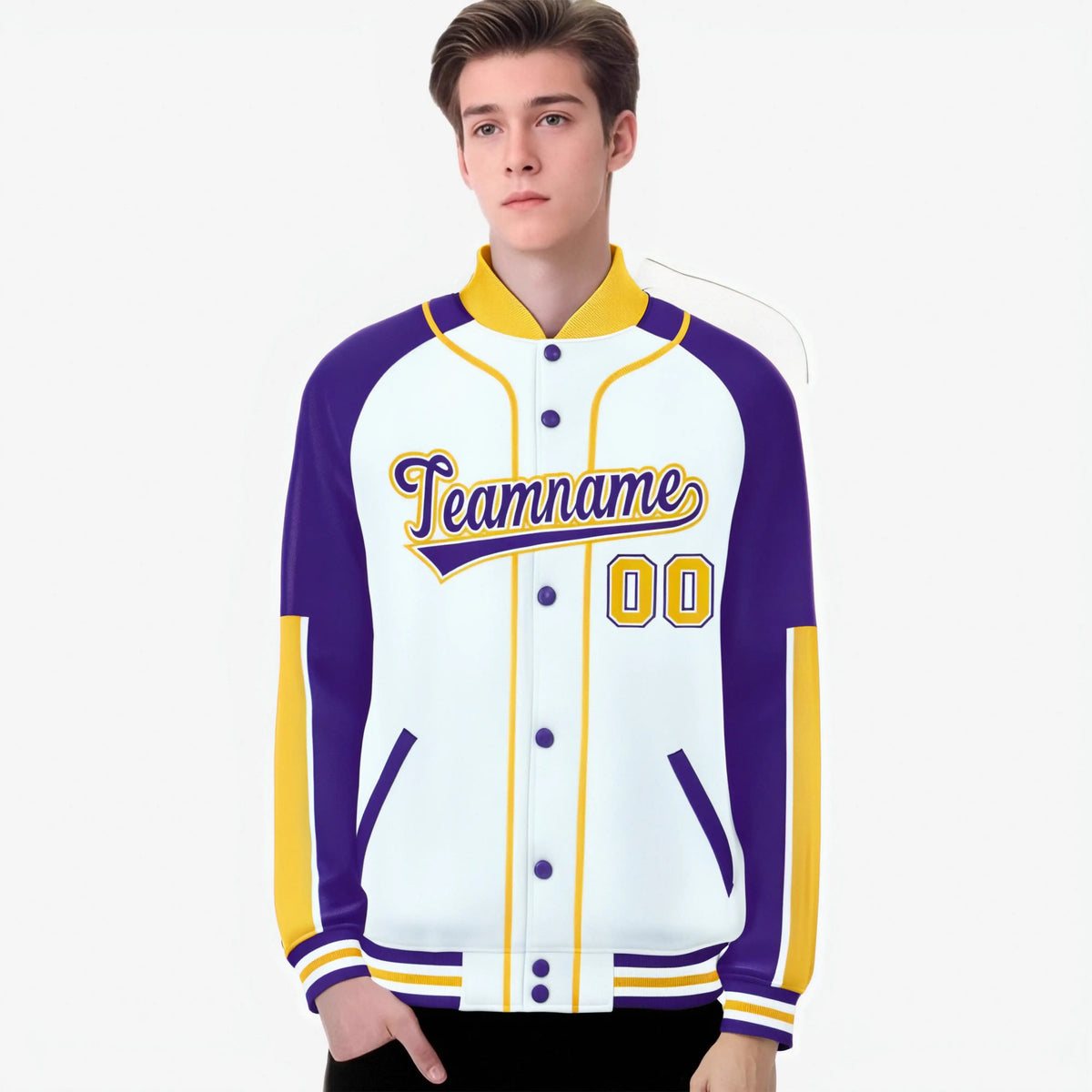 Custom White Purple-Gold Varsity Full-Snap Color Block Letterman Jacket