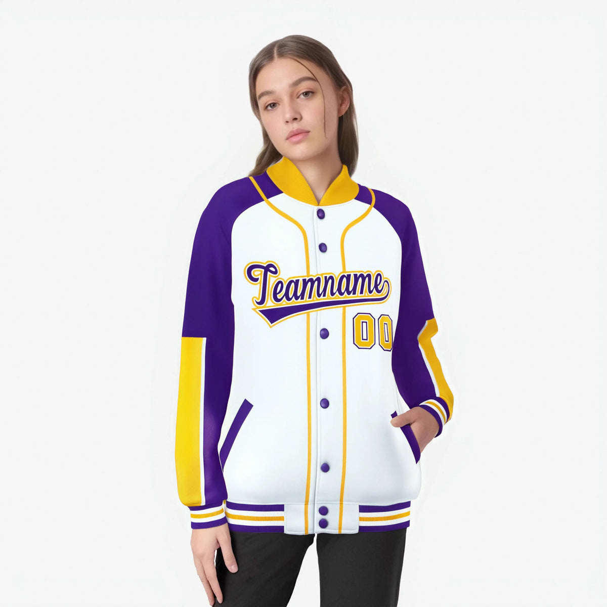 Custom White Purple-Gold Varsity Full-Snap Color Block Letterman Jacket