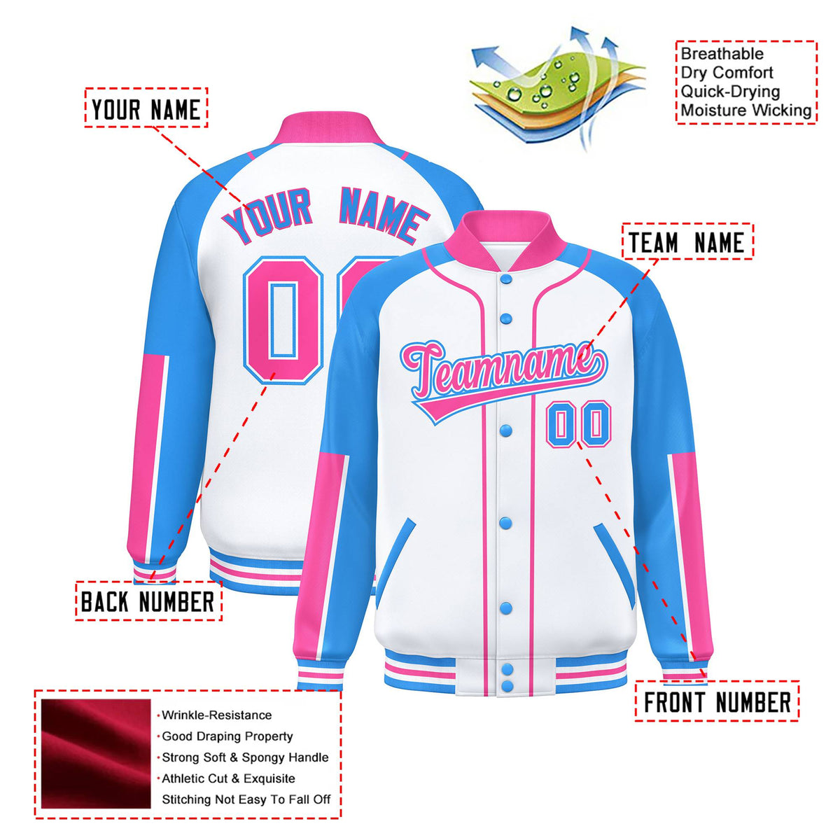 Custom White Powder Blue-Pink Varsity Full-Snap Color Block Letterman Jacket