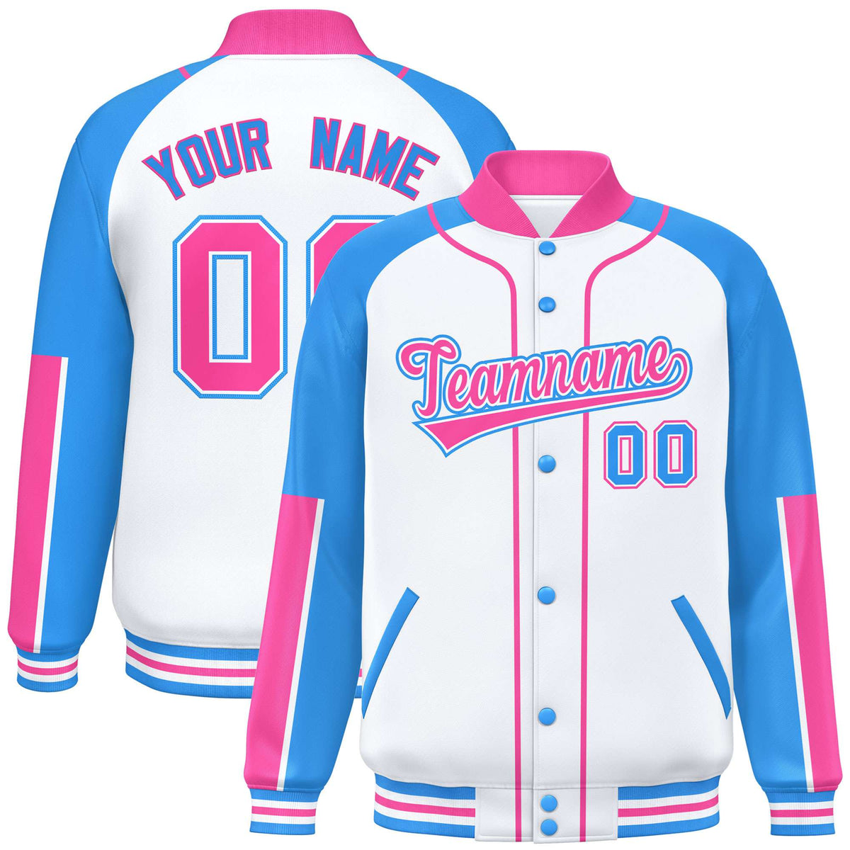 Custom White Powder Blue-Pink Varsity Full-Snap Color Block Letterman Jacket