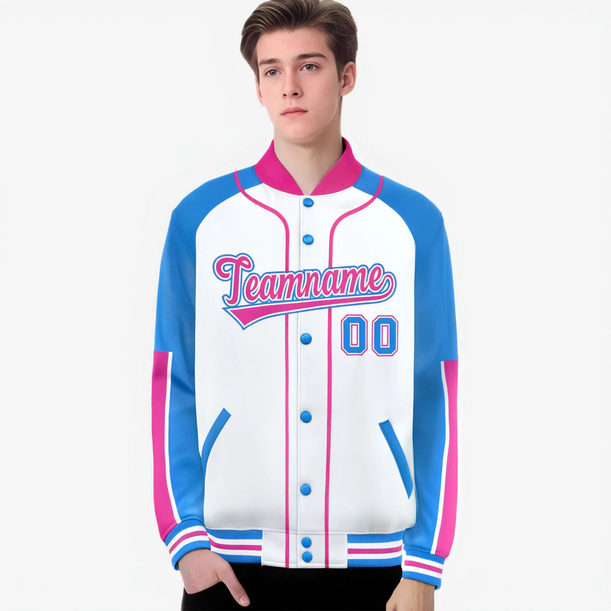 Custom White Powder Blue-Pink Varsity Full-Snap Color Block Letterman Jacket