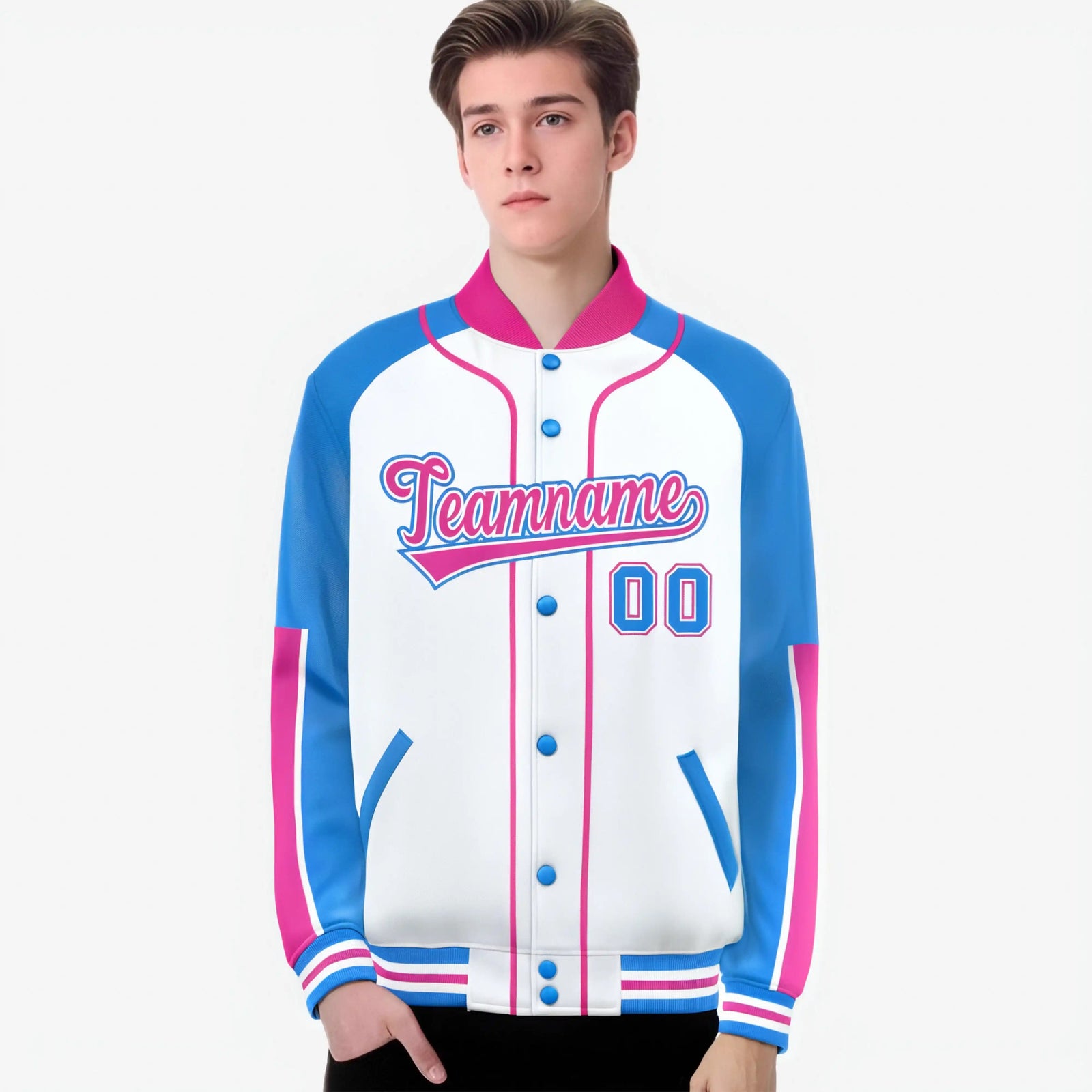 Custom White Powder Blue-Pink Varsity Full-Snap Color Block Letterman Jacket