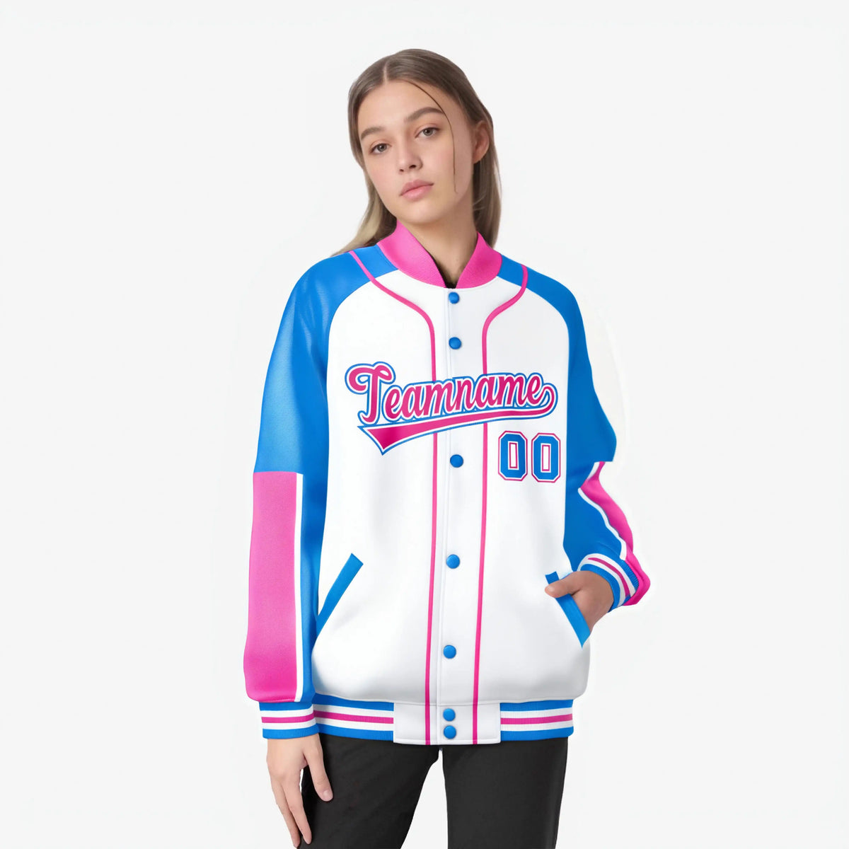 Custom White Powder Blue-Pink Varsity Full-Snap Color Block Letterman Jacket
