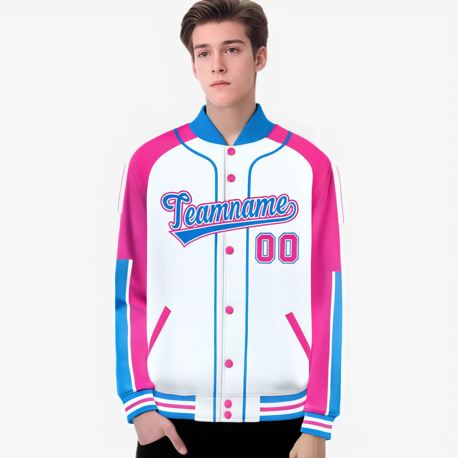 Custom White Pink-Powder Blue Varsity Full-Snap Color Block Letterman Jacket