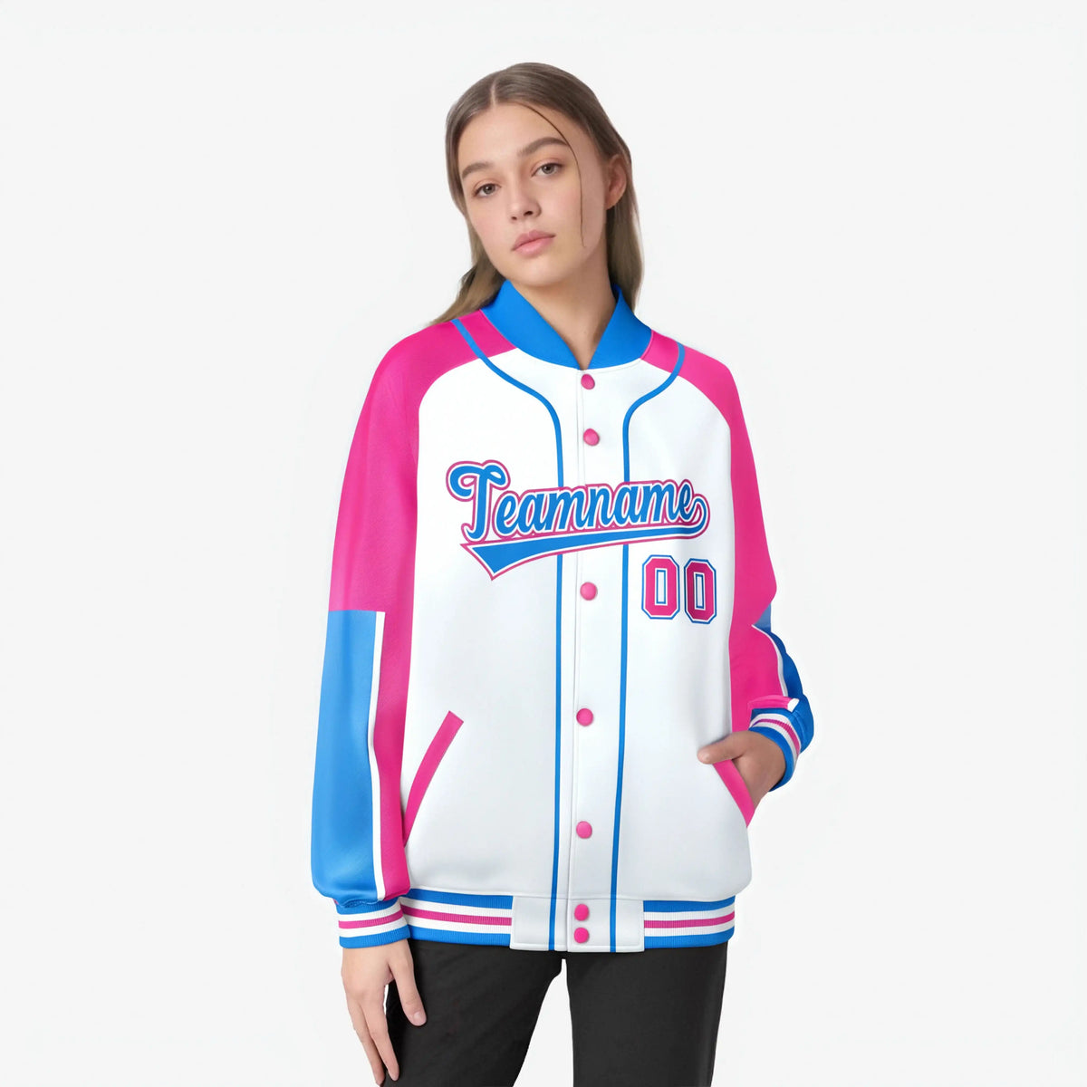Custom White Pink-Powder Blue Varsity Full-Snap Color Block Letterman Jacket