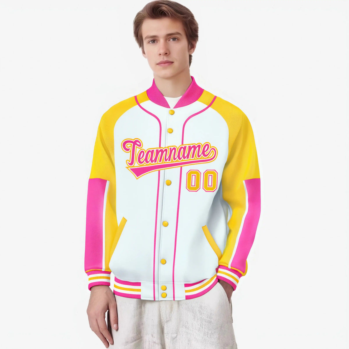 Custom White Gold-Pink Varsity Full-Snap Color Block Letterman Jacket