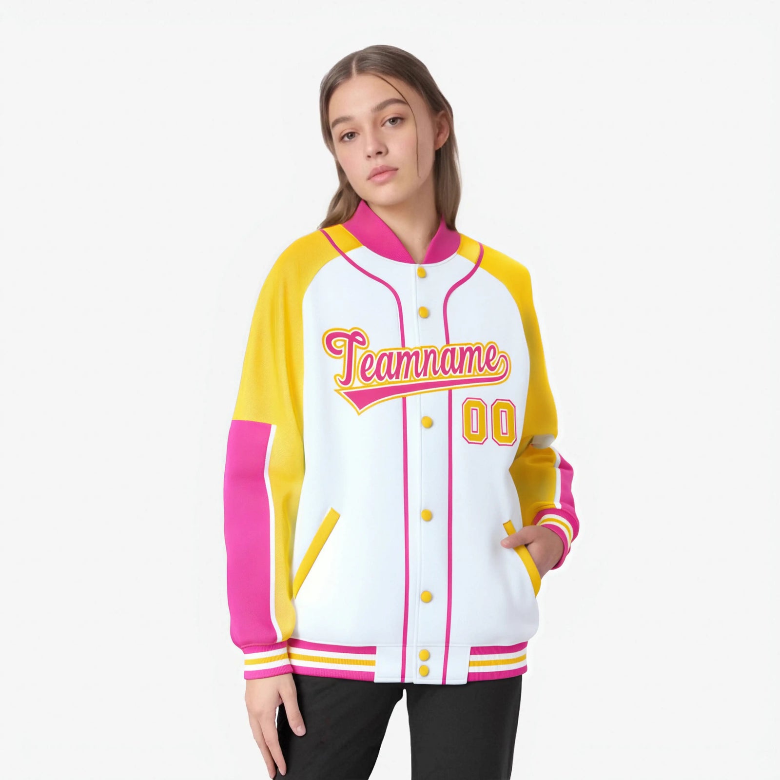 Custom White Gold-Pink Varsity Full-Snap Color Block Letterman Jacket