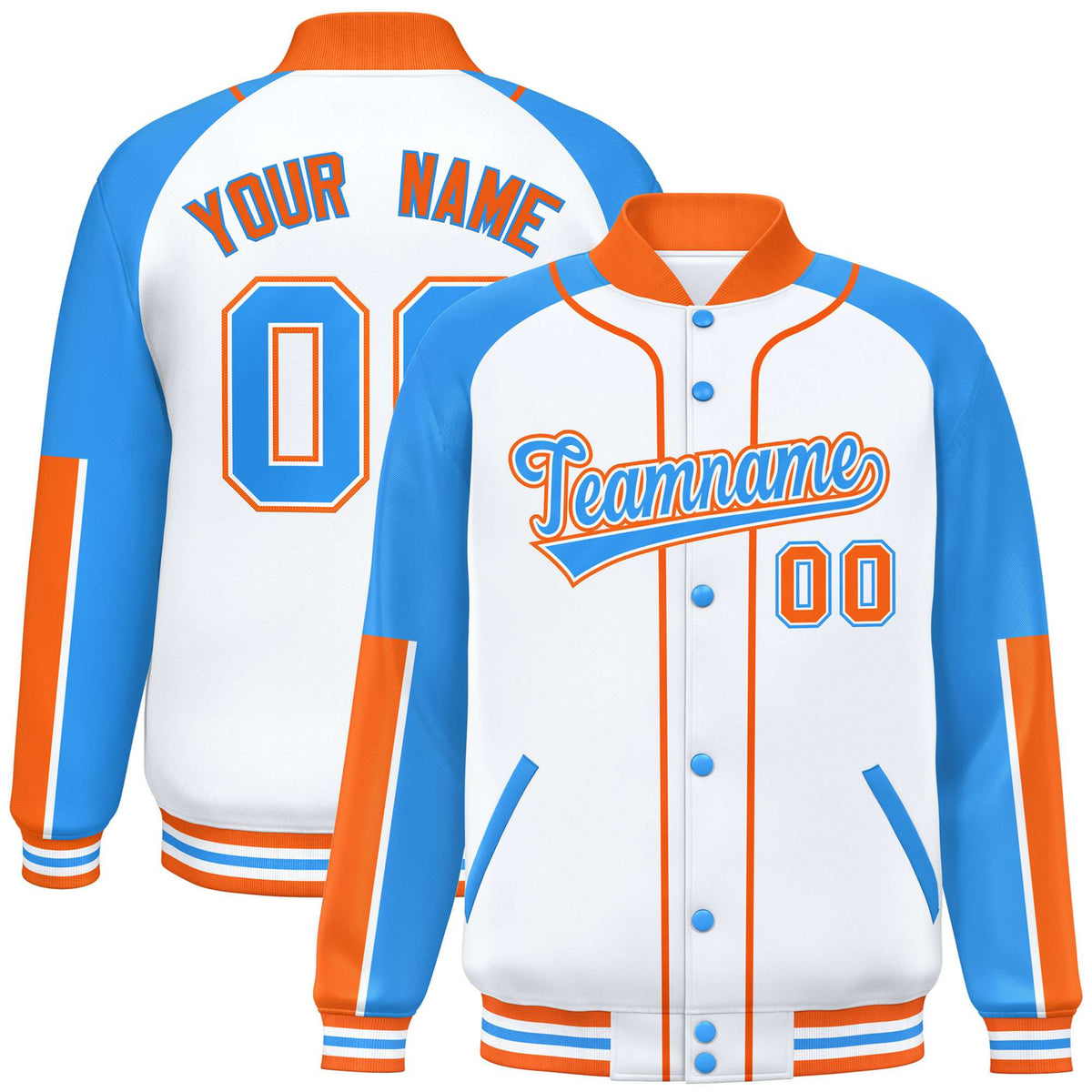 Custom White Powder Blue-Orange Varsity Full-Snap Color Block Letterman Jacket