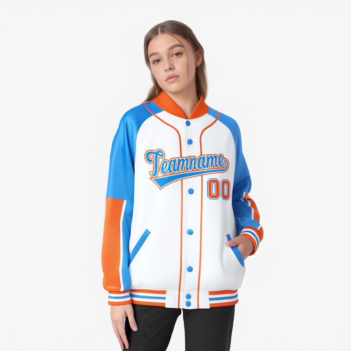 Custom White Powder Blue-Orange Varsity Full-Snap Color Block Letterman Jacket