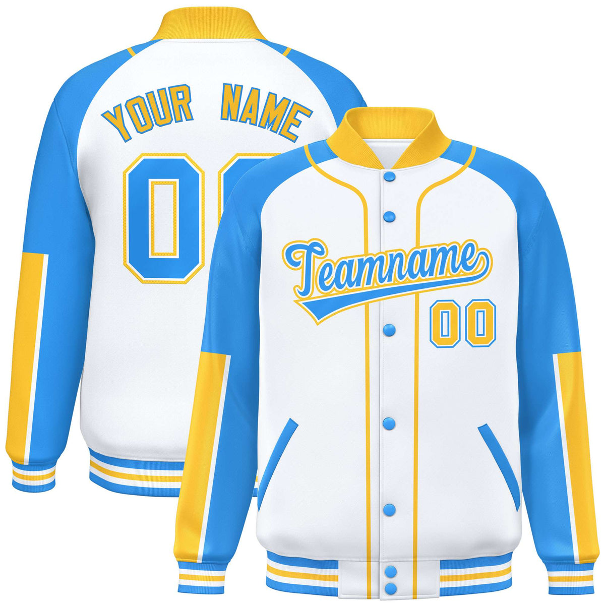 Custom White Powder Blue-Gold Varsity Full-Snap Color Block Letterman Jacket
