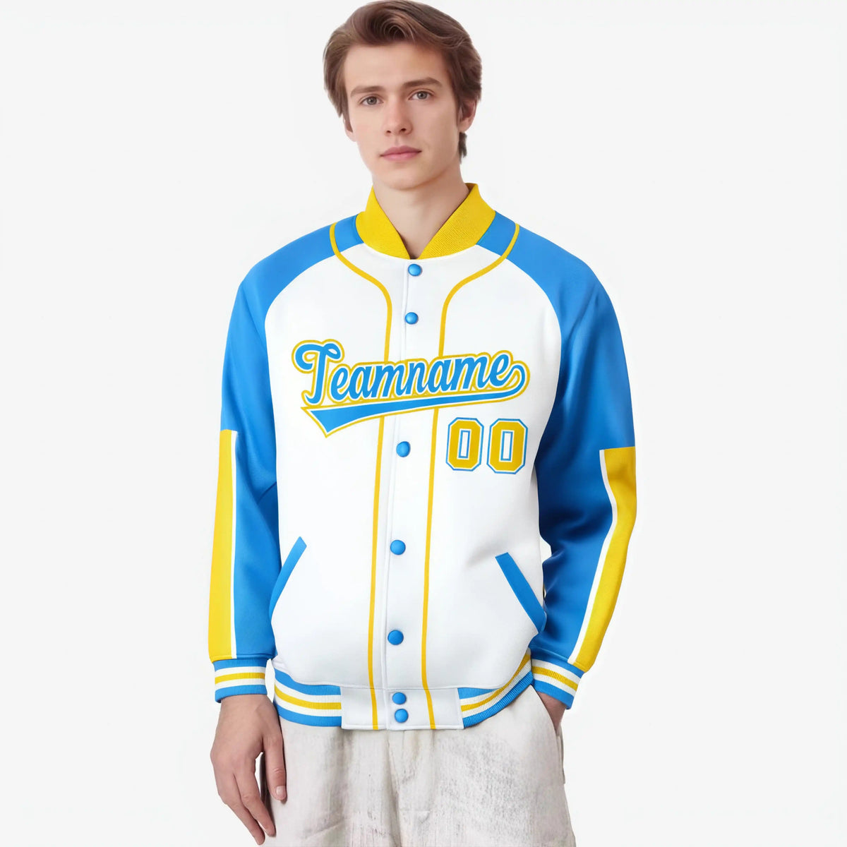 Custom White Powder Blue-Gold Varsity Full-Snap Color Block Letterman Jacket