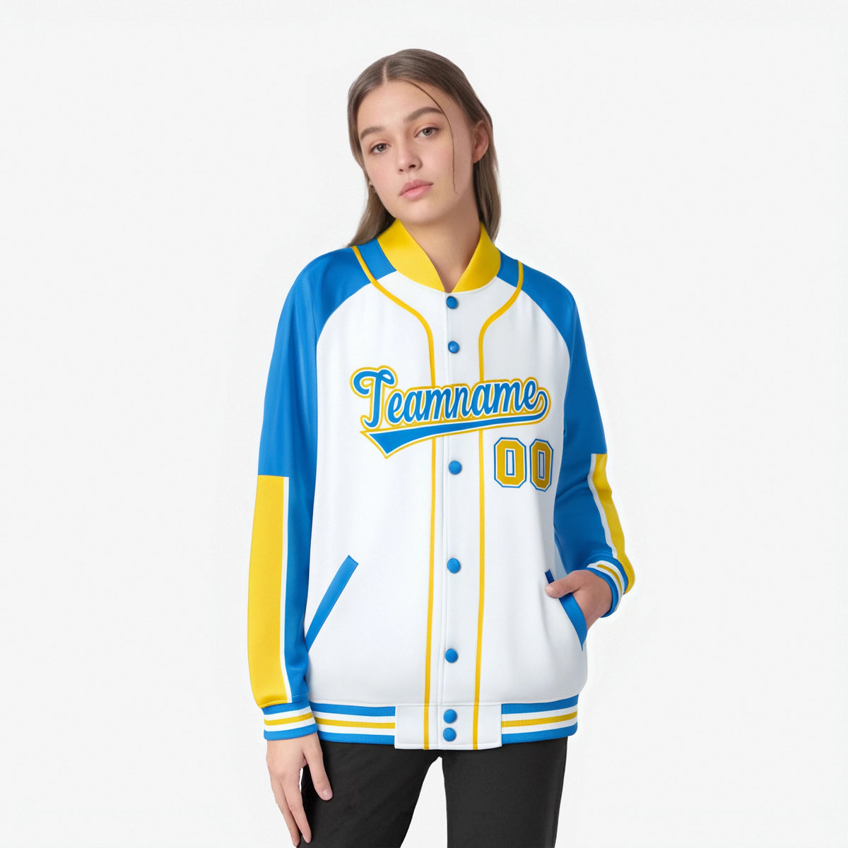 Custom White Powder Blue-Gold Varsity Full-Snap Color Block Letterman Jacket
