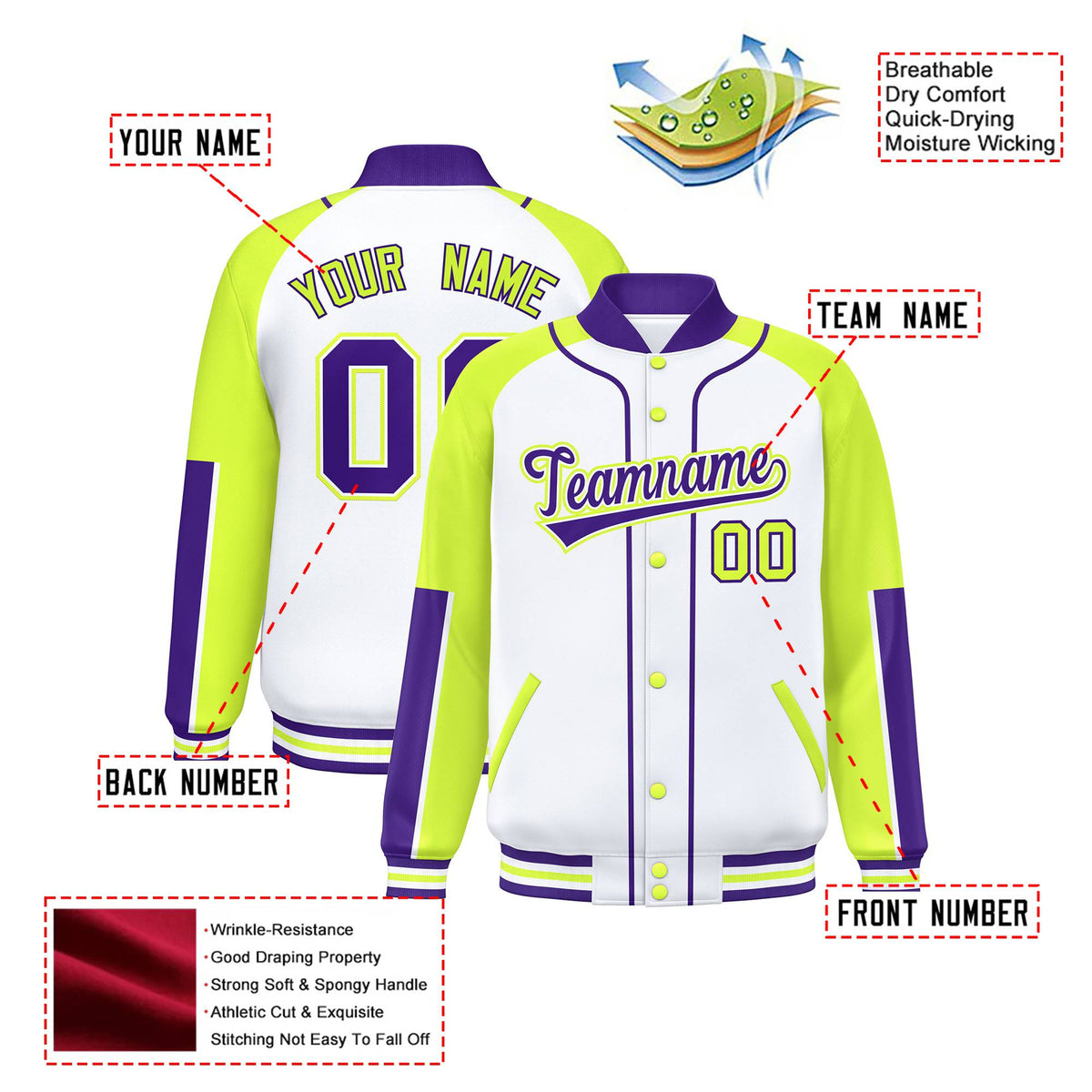 Custom White Fluorescent Green-Purple Varsity Full-Snap Color Block Letterman Jacket
