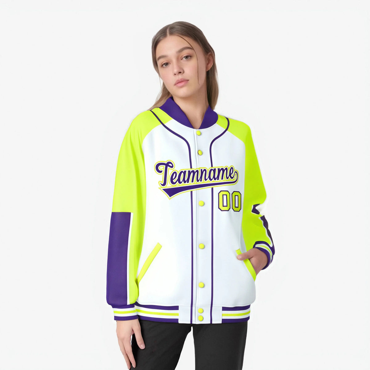Custom White Fluorescent Green-Purple Varsity Full-Snap Color Block Letterman Jacket