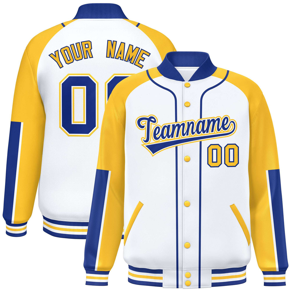 Custom White Gold-Royal Blue Varsity Full-Snap Color Block Letterman Jacket