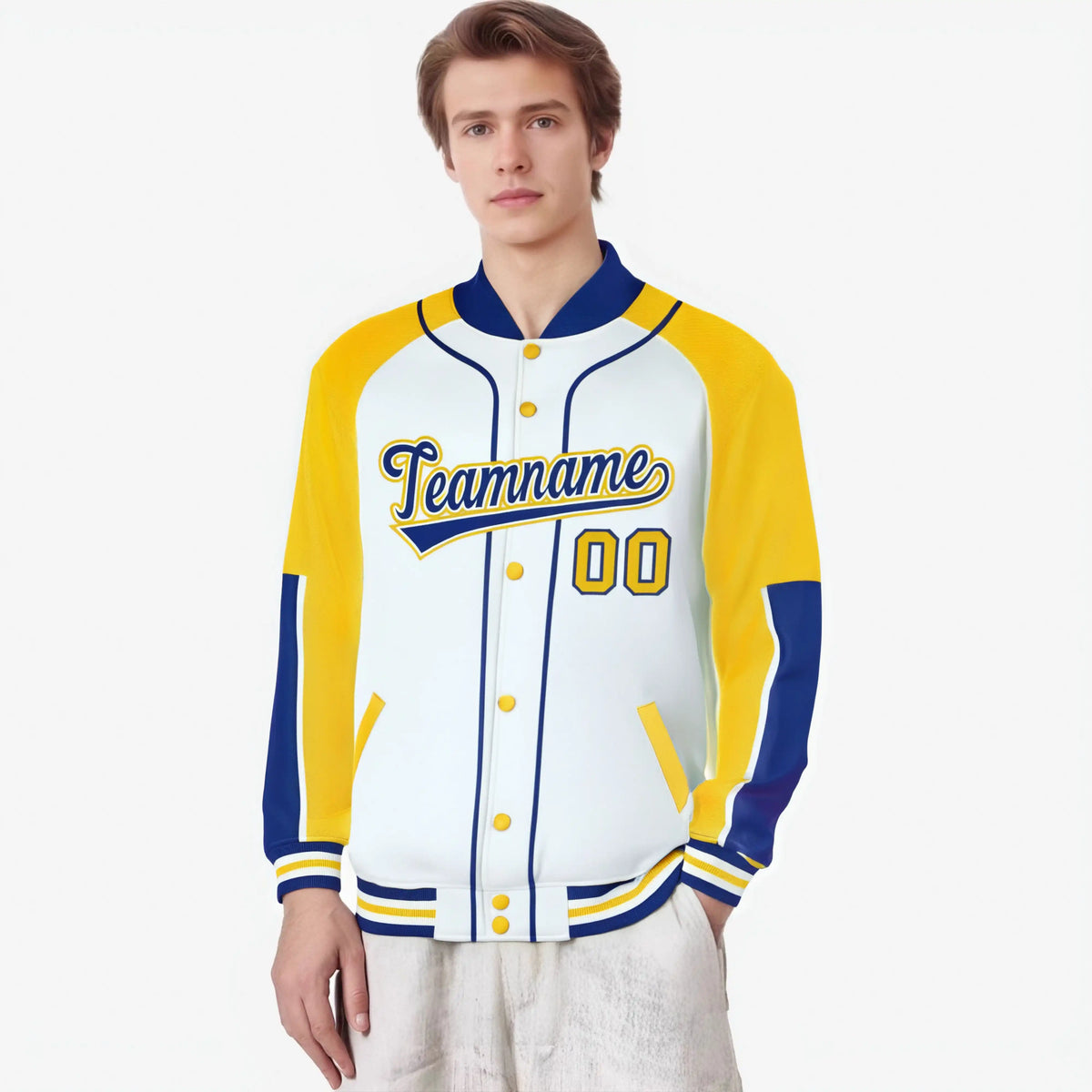Custom White Gold-Royal Blue Varsity Full-Snap Color Block Letterman Jacket