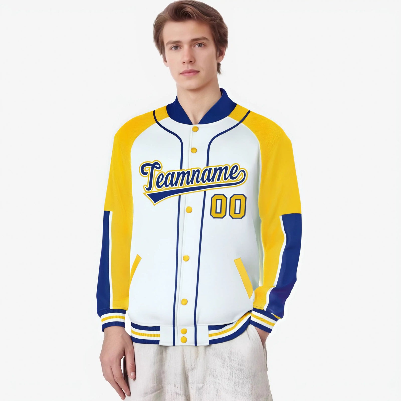 Custom White Gold-Royal Blue Varsity Full-Snap Color Block Letterman Jacket