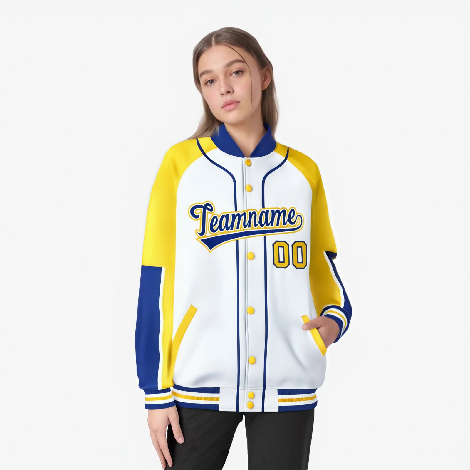 Custom White Gold-Royal Blue Varsity Full-Snap Color Block Letterman Jacket