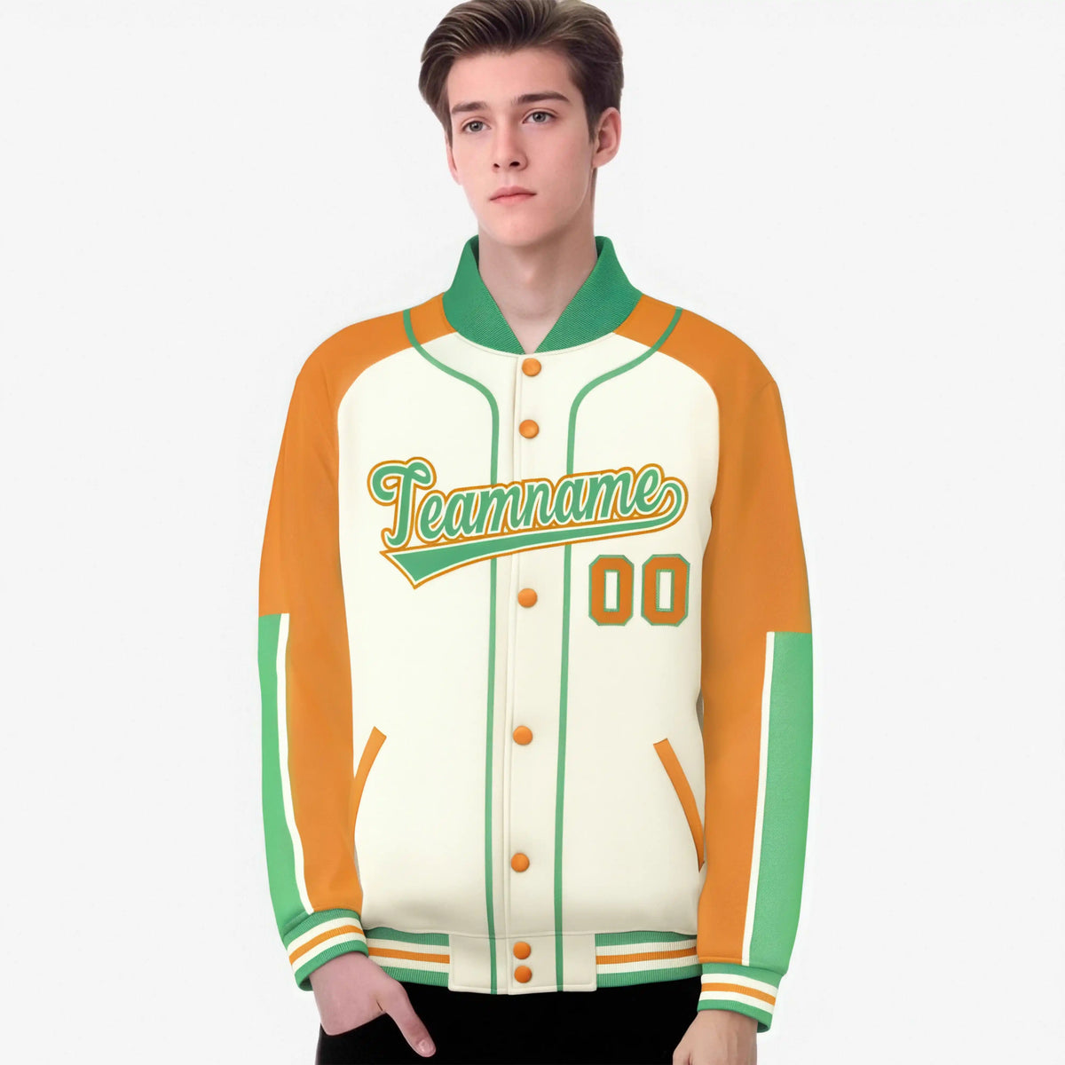 Custom Cream Yellow-Bright green Varsity Full-Snap Color Block Letterman Jacket