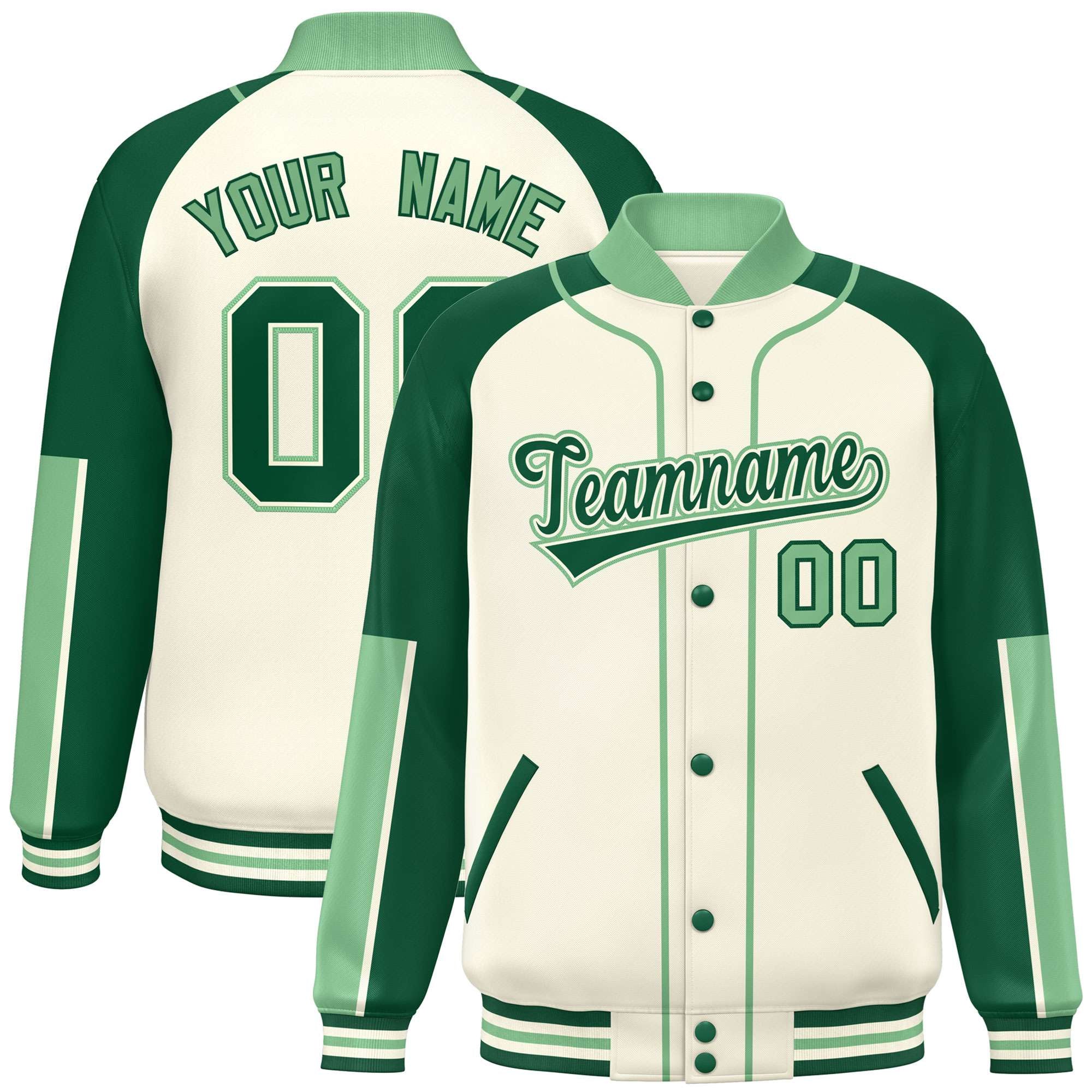 Custom Cream Green-Bright green Varsity Full-Snap Color Block Letterman Jacket