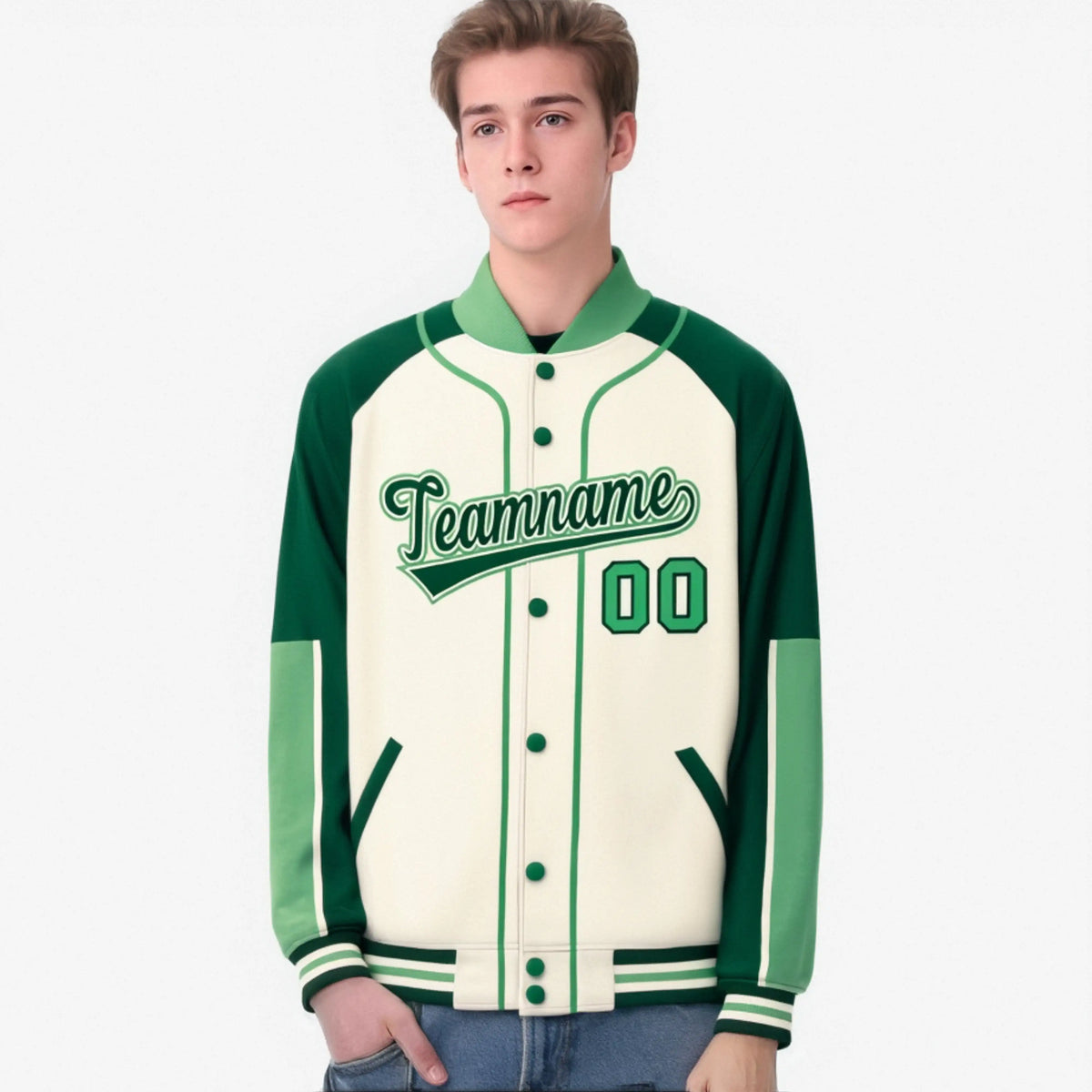 Custom Cream Green-Bright green Varsity Full-Snap Color Block Letterman Jacket