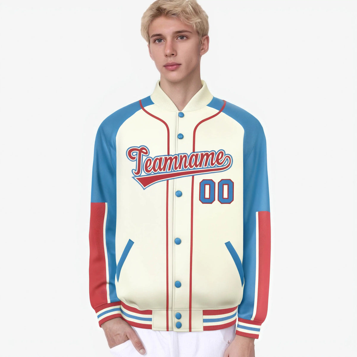 Custom Cream Light Blue-Light Red Varsity Full-Snap Color Block Letterman Jacket