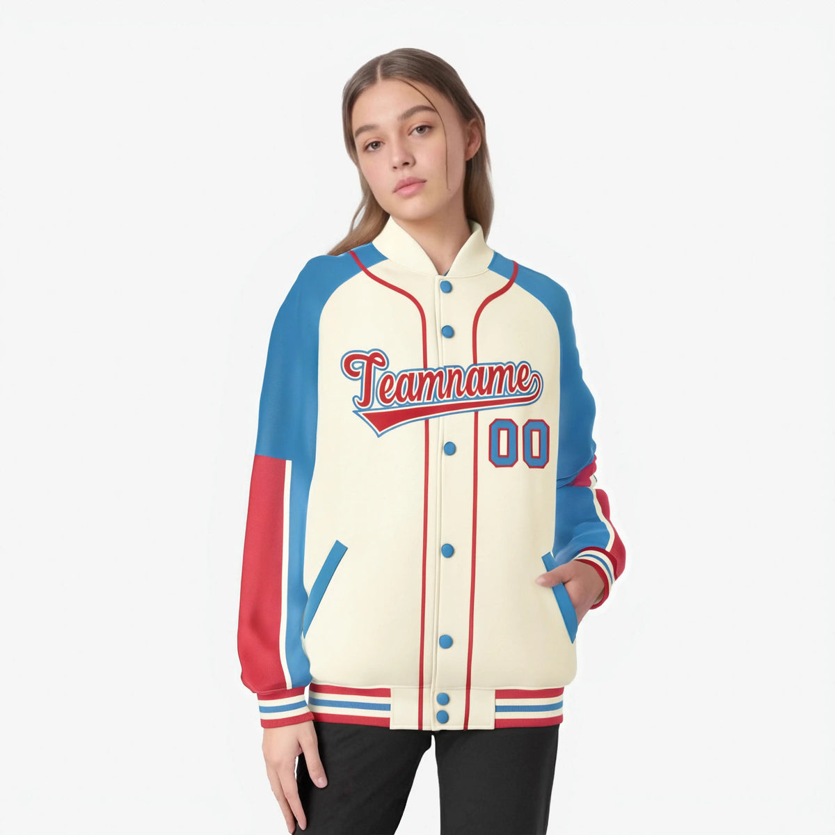 Custom Cream Light Blue-Light Red Varsity Full-Snap Color Block Letterman Jacket