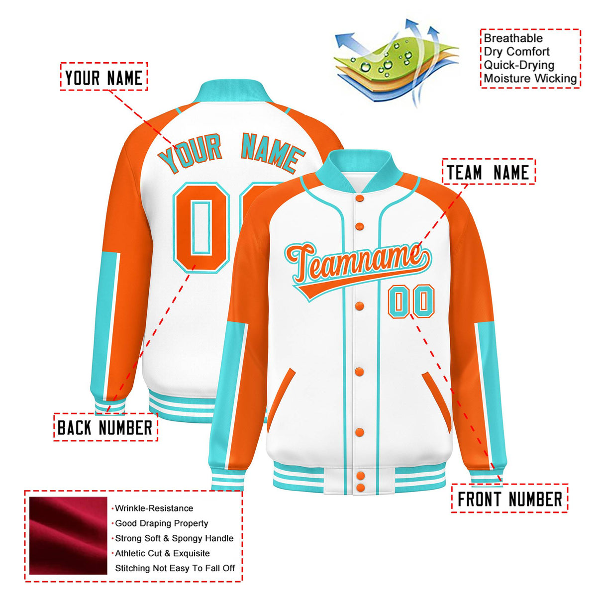 Custom White Orange-Aqua Varsity Full-Snap Color Block Letterman Jacket