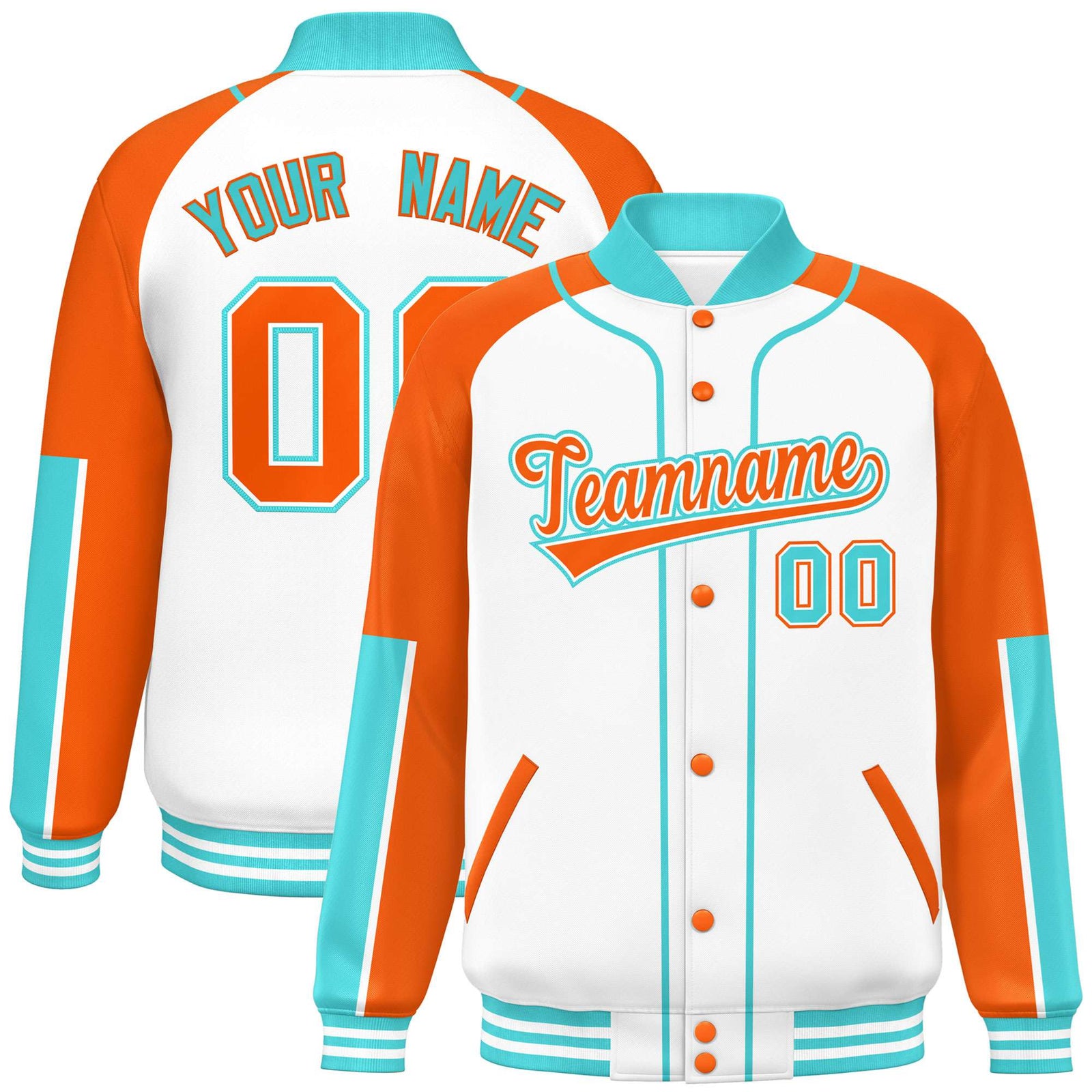 Custom White Orange-Aqua Varsity Full-Snap Color Block Letterman Jacket