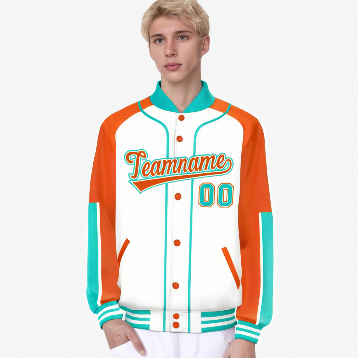 Custom White Orange-Aqua Varsity Full-Snap Color Block Letterman Jacket
