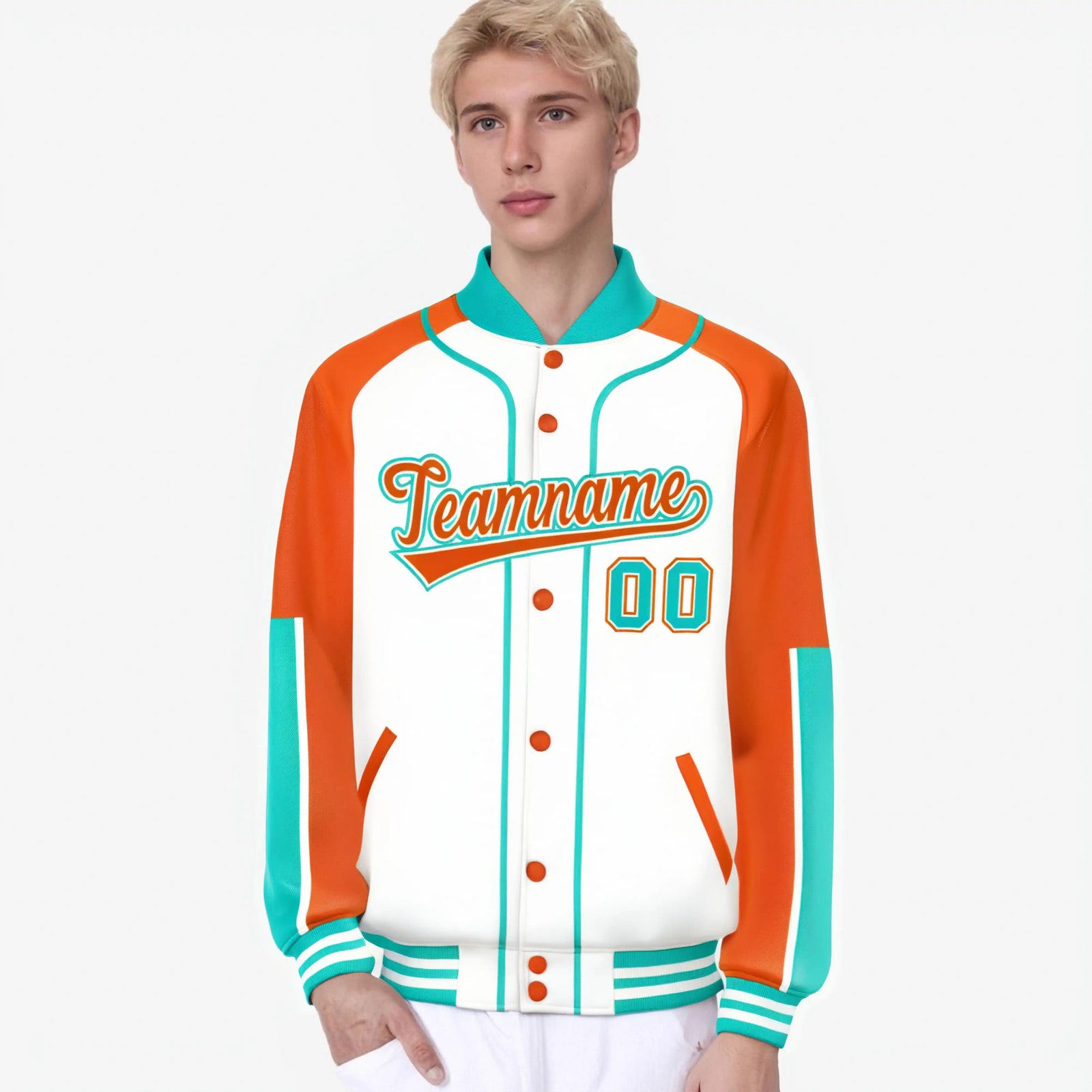 Custom White Orange-Aqua Varsity Full-Snap Color Block Letterman Jacket