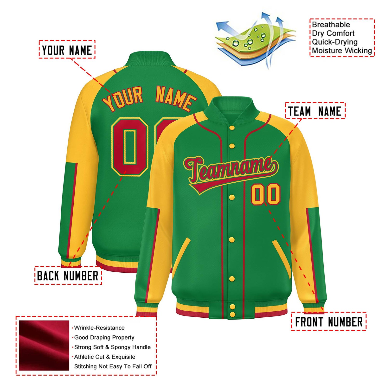 Custom Kelly Green Gold-Kelly Green Varsity Full-Snap Color Block Letterman Jacket