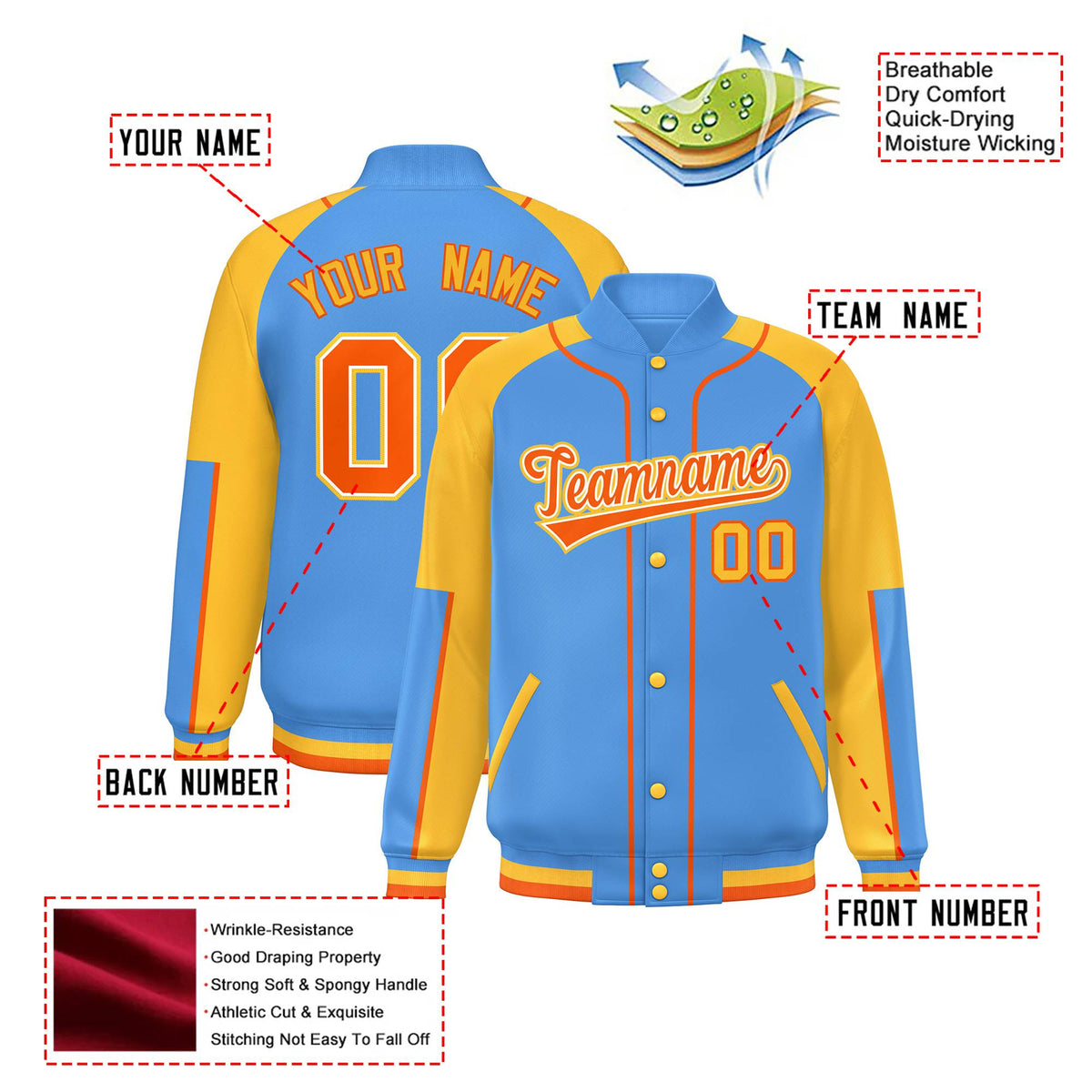Custom Powder Blue Gold-Powder Blue Varsity Full-Snap Color Block Letterman Jacket