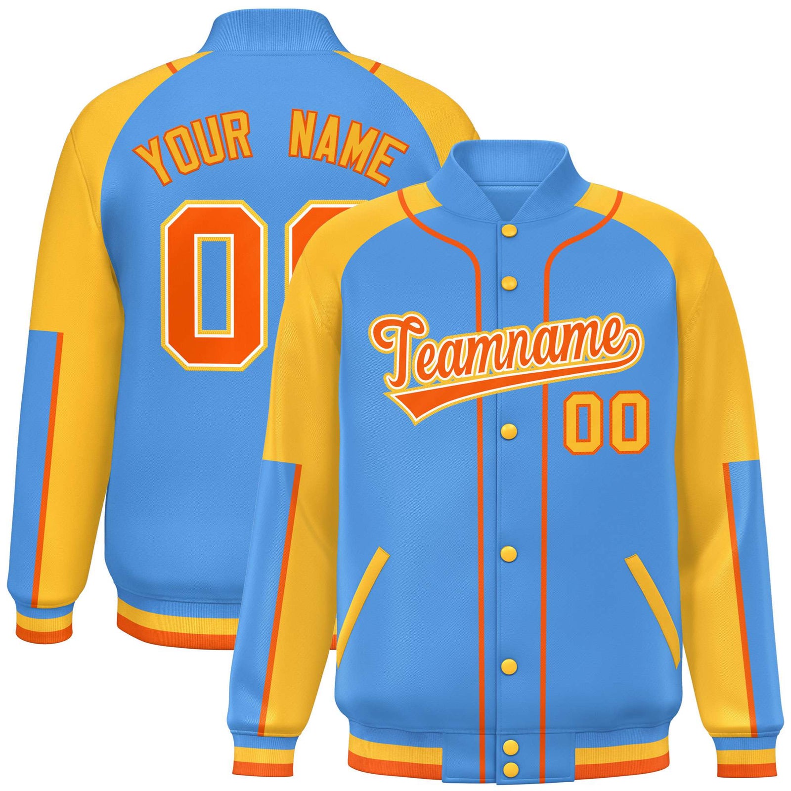 Custom Powder Blue Gold-Powder Blue Varsity Full-Snap Color Block Letterman Jacket