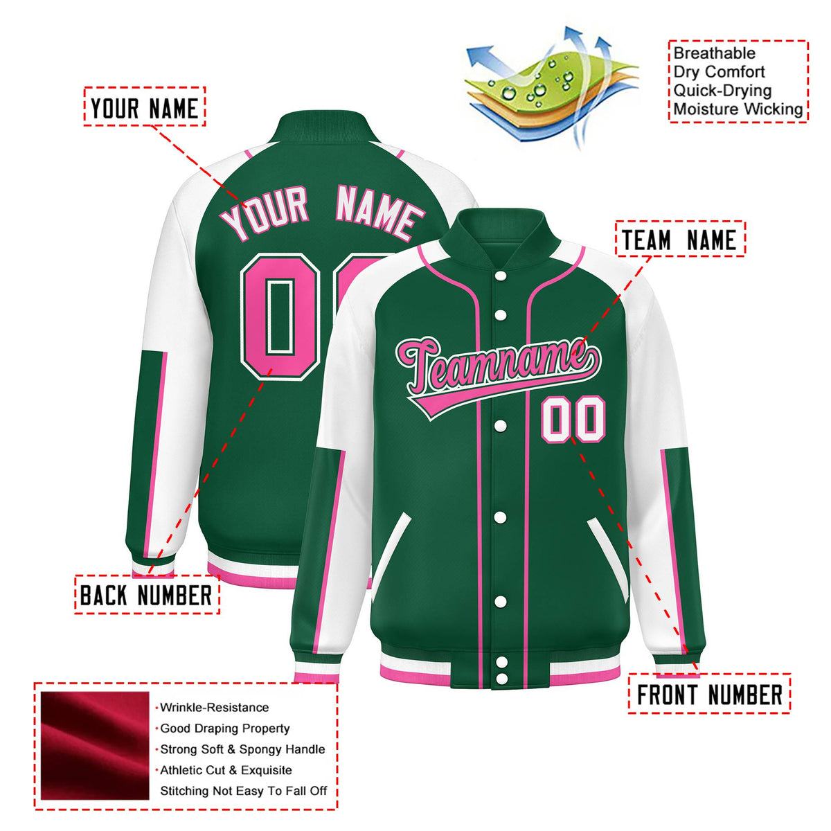 Custom Green White-Green Varsity Full-Snap Color Block Letterman Jacket
