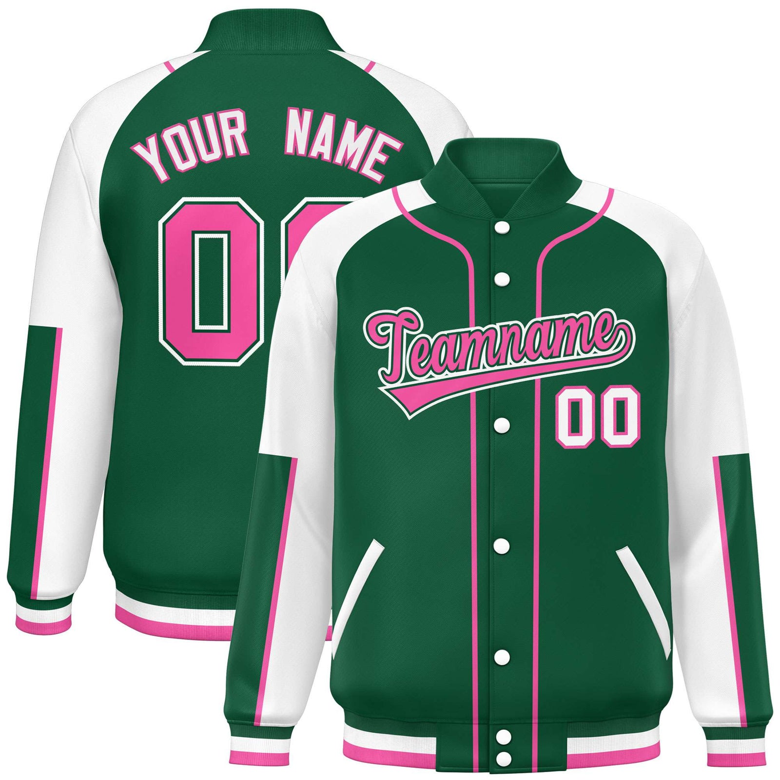 Custom Green White-Green Varsity Full-Snap Color Block Letterman Jacket
