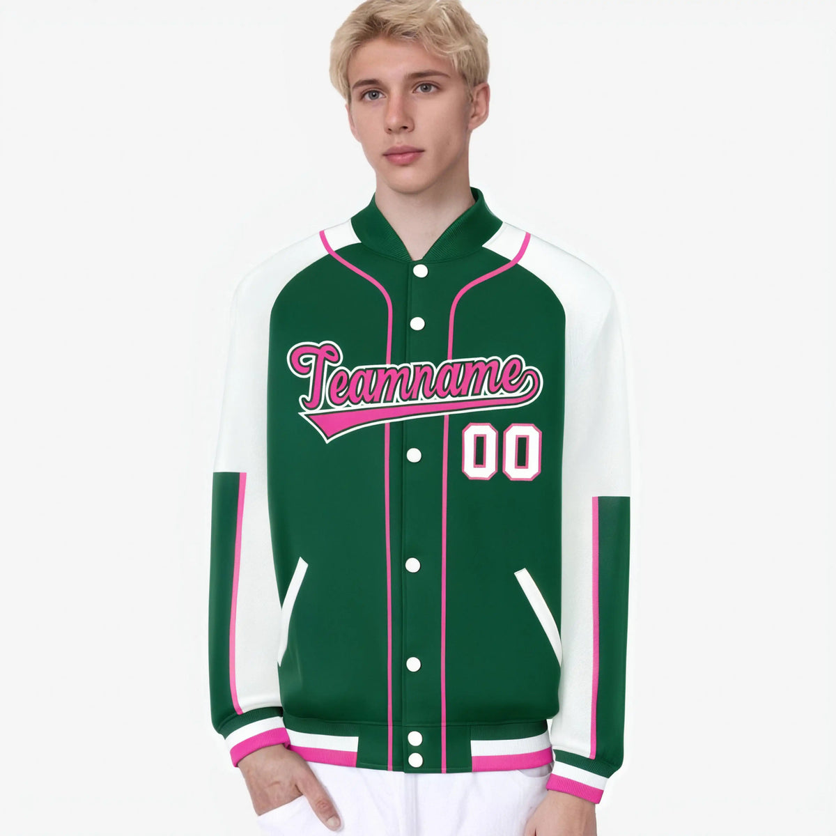 Custom Green White-Green Varsity Full-Snap Color Block Letterman Jacket